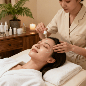 woman getting skincare treatment in a beauty spa setting