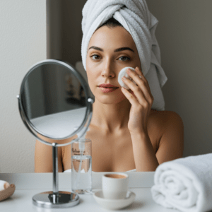 woman cleaning face with micellar water in front of mirror
