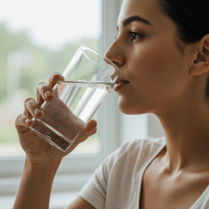 woman drinking water from glass for hydration