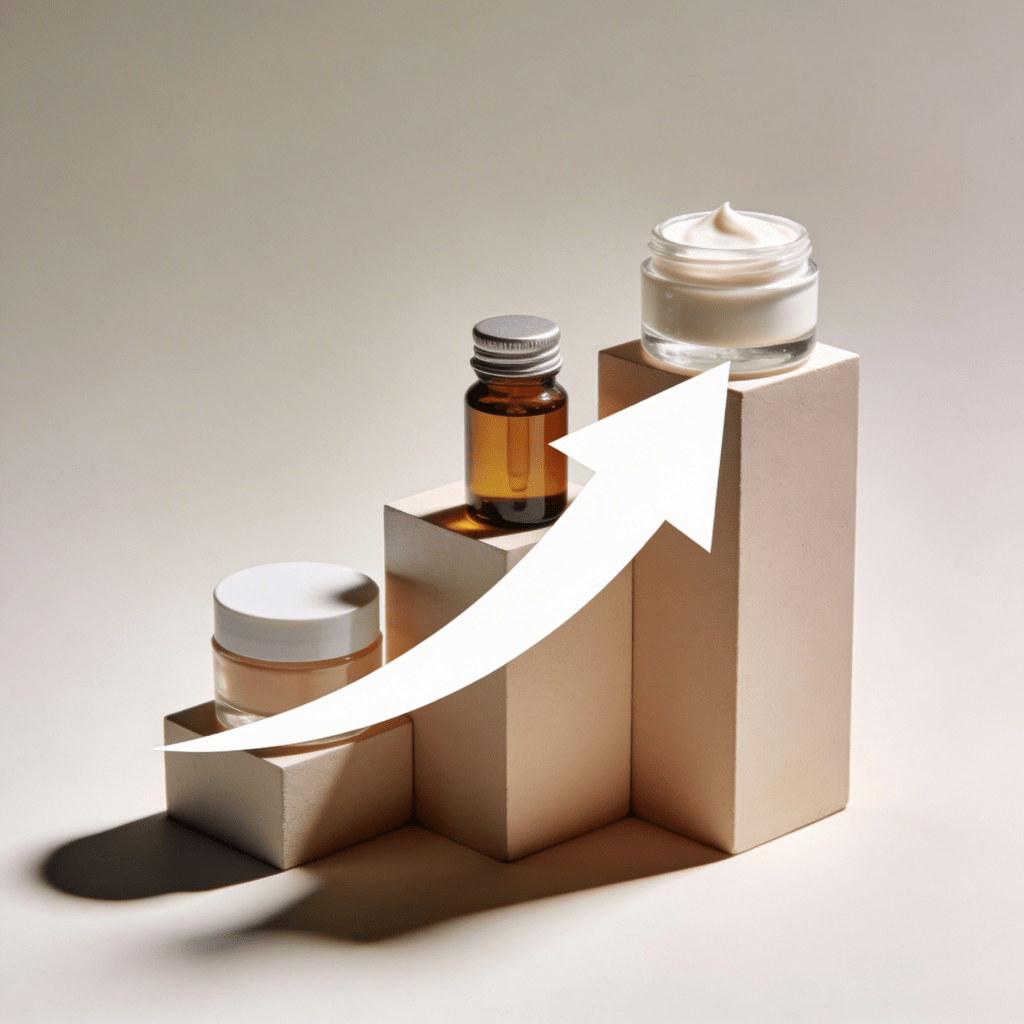 stacked skin cream containers with upward arrow