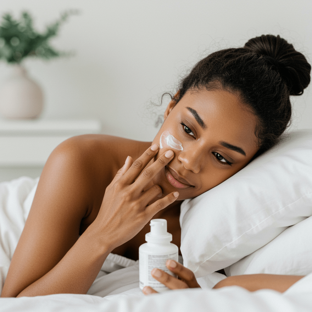 woman applying nighttime skin cream before bed
