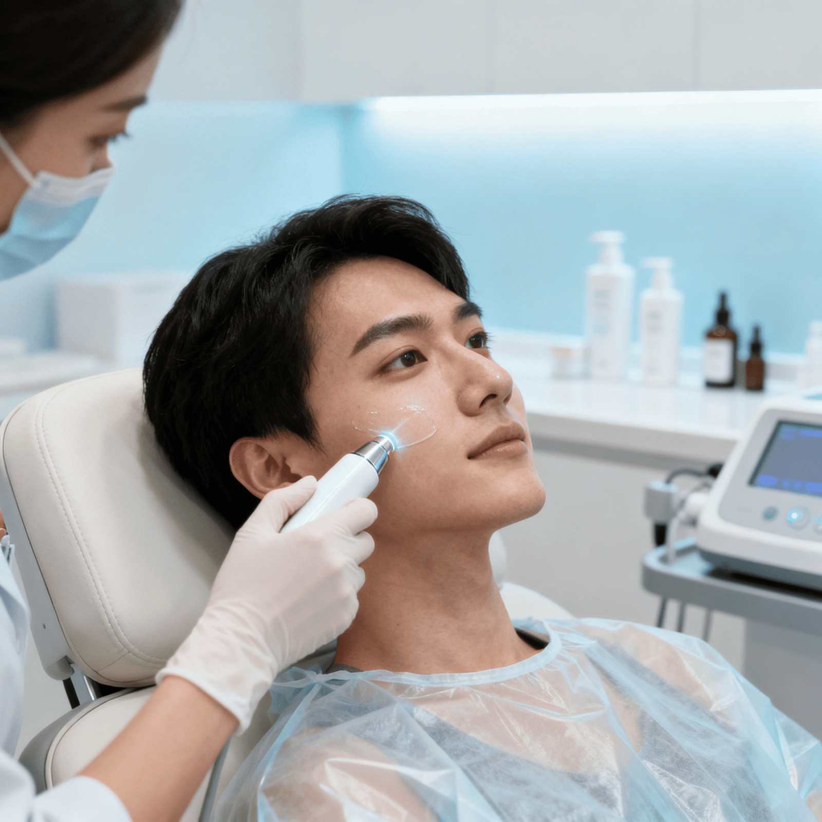 person undergoing skin treatment in a clinic setting